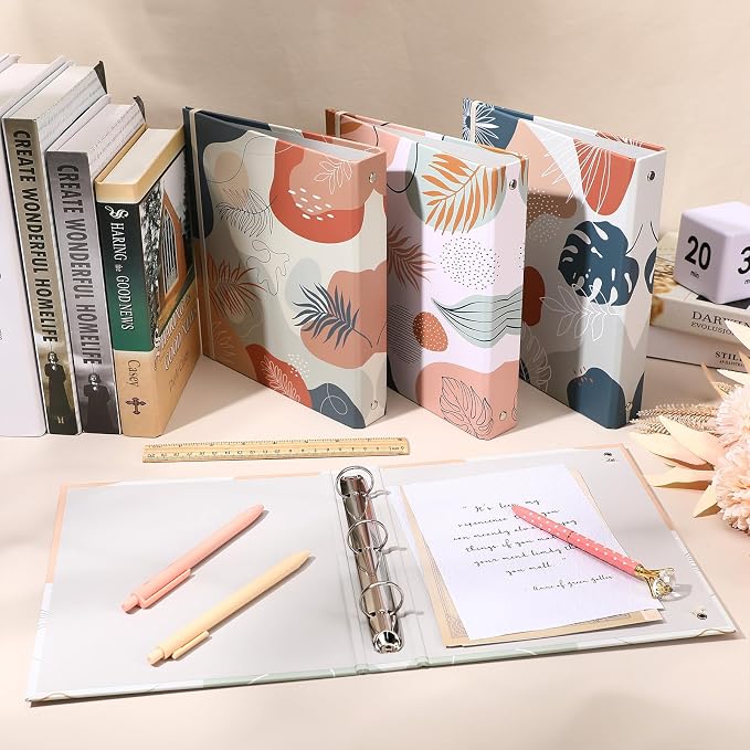 Colarr 4 Pcs Mini 3 Ring Economy Binders for 5.5" x 8.5" Paper for School, Office and Home Use, Cute Boho Leaves Small 1 Inch Round Three Ring A5 Binders with Elastic Cord, Decorative Hardcover