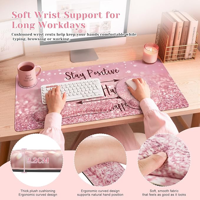 iCasso Pink Ergonomic Mouse Pad with Wrist Rests Set for Desk Accessories
