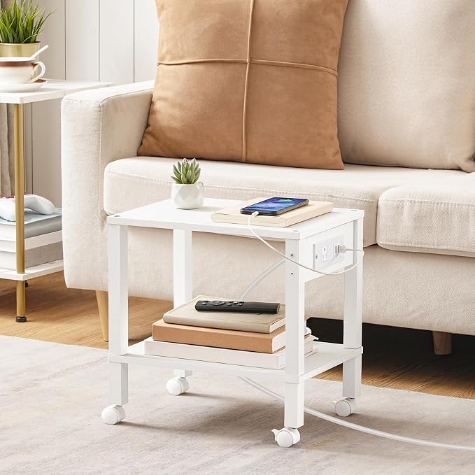 HOOBRO 2-Tier Printer Stand with Charging Station, Under Desk Printer Table, Printer Cart with Storage Shelves, Shelf for Small Spaces, for Home Office, White WT38UPS01