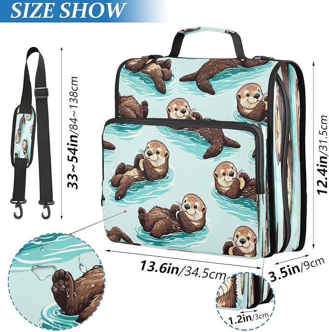 Cute Sea Otters Zipper Binder for School with Shoulder Strap & Extra Pockets - 1.5 Inch 3-Ring Binder Holds 500+ Sheets, Textbooks, Laptop