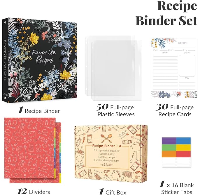 Recipe Binder 8.5x11 3 Ring with Plastic Sleeves, Blank Recipe Book Binder | Waterproof recipe binder 8.5x11 with plastic sleeves, recipe cards and gift box to make your own cookbook(Blossom).