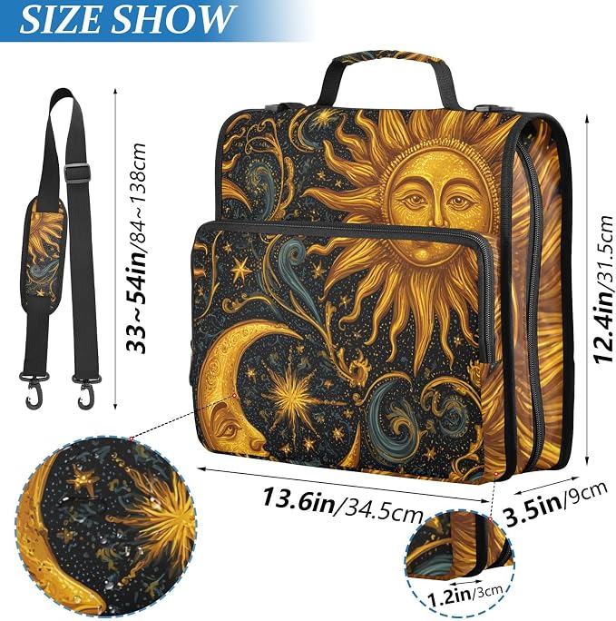 3 Ring Zipper Binder with Shoulder Strap Sun Moon Stars Astrology 1.5 inch Binders Keeper Large Capacity Multi Pockets for School Office Supplies
