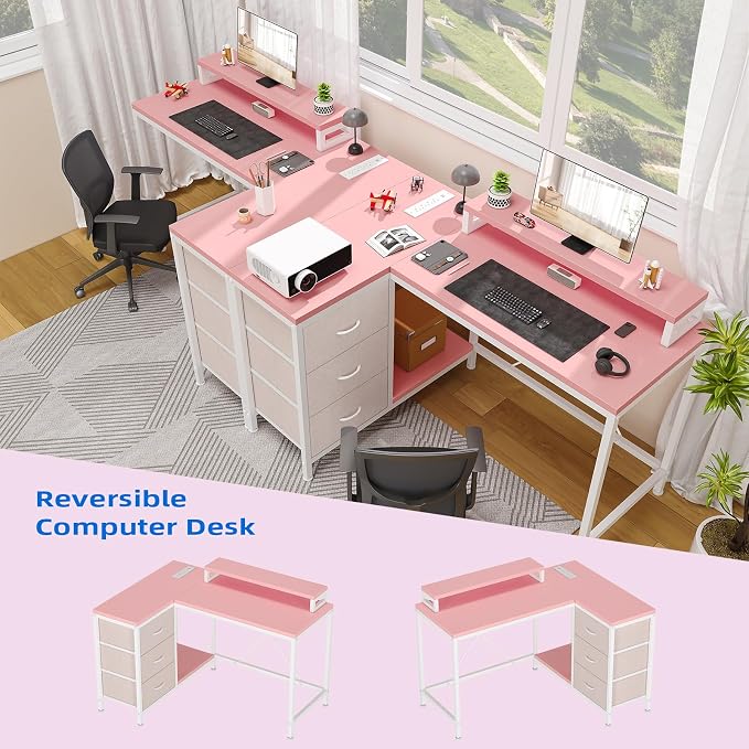 Garvee L-Shaped Computer Desk with Power Outlets & LED Lights - 43-Inch Reversible Corner Gaming Desk with 3 Drawers, Storage Shelves & Removable Monitor Stand, Modern Home Office Desk