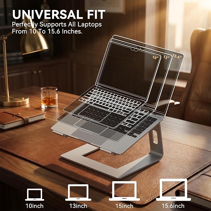SOUNDANCE Laptop Stand, Aluminum Computer Riser, Ergonomic Laptops Elevator for Desk, Metal Holder Compatible with 10 to 15.6 Inches Notebook Computer, Silver