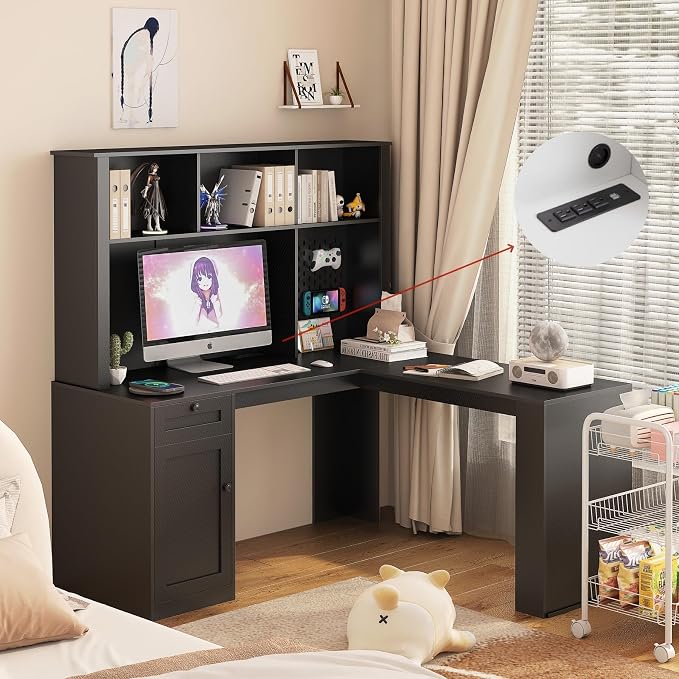 KEIKI L Shaped Home Office Desks with Outlet, Pegboard, Hutch, Drawers, Bookshelf & Storage Shelves, Modern Wooden Gaming Computer Corner Table for Work, Study, Writing