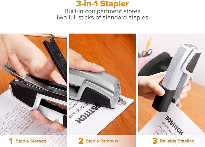 Bostitch Office Epic Metal Desk Stapler, 25 Sheet, Staple Remover, Silver