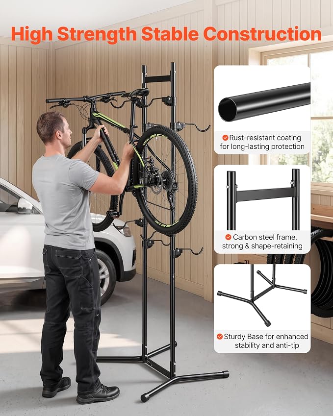 VEVOR Bike Stand for 4 Bikes, Freestanding Vertical Bike Storage Rack, with Height-Adjustable Hooks, Heavy-Duty Carbon Steel Garage Bicycle Floor Stand, Ideal for Garage, Apartment, Home, Black