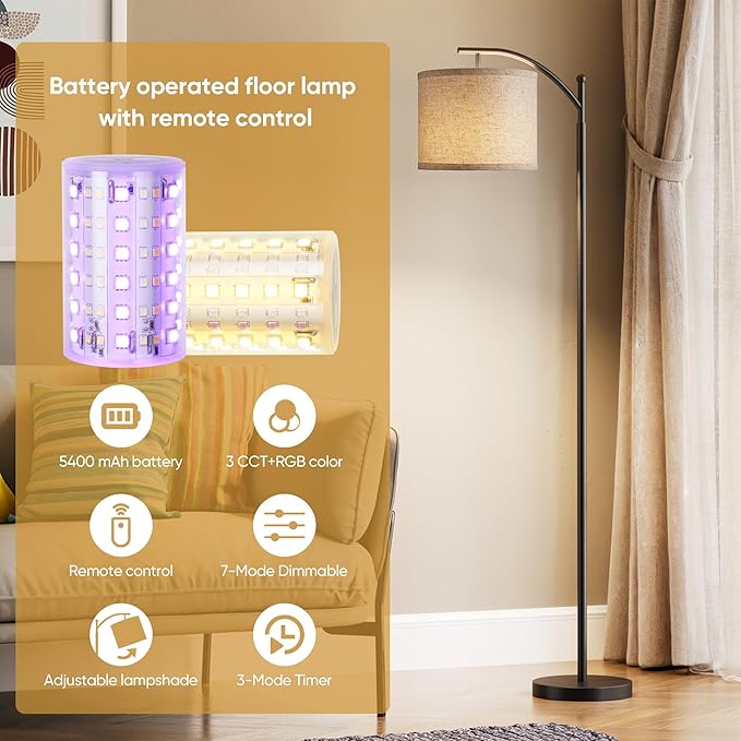 Battery Operated Floor Lamp, RGB Dimmable Cordless Standing Lamp with Remote Control for Living Room, Tall Floor Lamp for Bedroom -Black