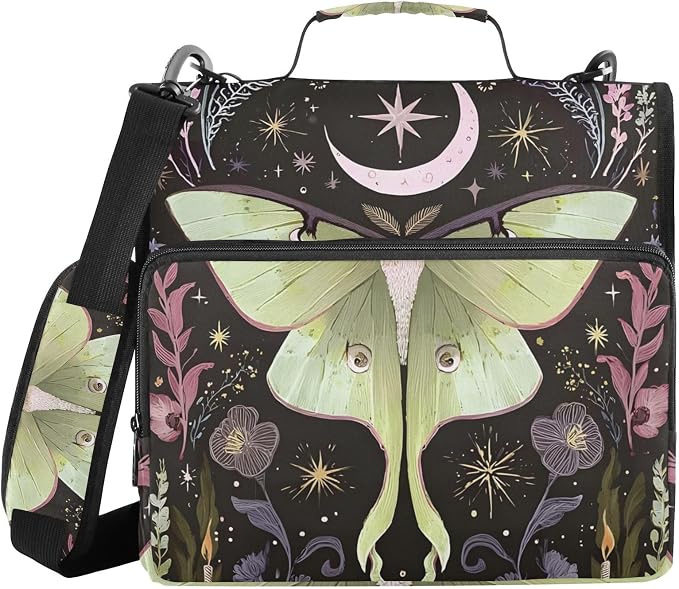 3 Ring Zipper Binder with Shoulder Strap Green Luna Moth Flowers Moon Stars 1.5 inch Binders Keeper Large Capacity Multi Pockets for School Office Supplies