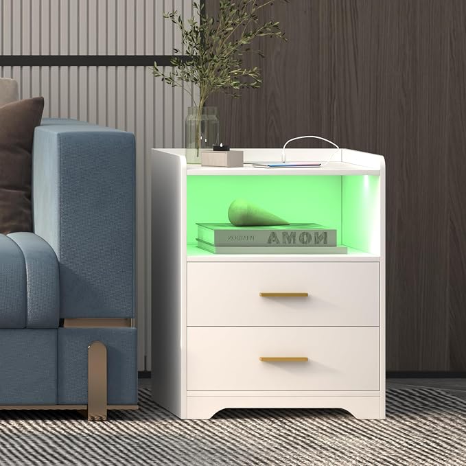 dnbss RGB Nightstand with Charging Station, Smart Bedside Table, White | LED Night Stand, 2 Drawers, 1 Compartment, Human Body Sensor, Modern End Side Table for Bedroom Living Room Office Storage