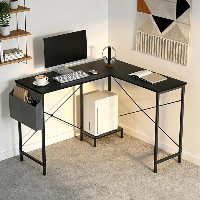 L Shaped Desk, 50 Inch Reversible Computer Desk Corner Gaming Table with CPU Stand & Storage Bag, Sturdy Metal Frame PC Workstation for Home Office, Black Wood | Storage Bag, Black Corner Gaming Table, Sturdy Metal Frame, PC Workstation for Home Office