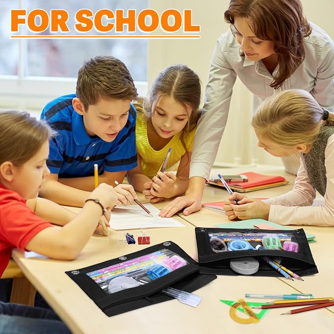 Pencil Pouch for 3 Ring Binder, 100 Packs Zipper Pencil Pouch Bulk (Black) | Pencil Case for Binder with Clear Window, Pencil Pouches Bulk for School Classroom, Teacher Students Supplies Bulk