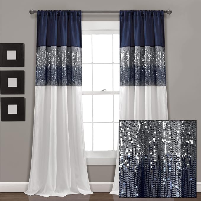 Lush Decor Night Sky Window Curtain Panel, Single 42"W x 84"L Navy & White - Sequin Backdrop Curtain - Room Darkening Curtains For Bedroom - Glam Decor