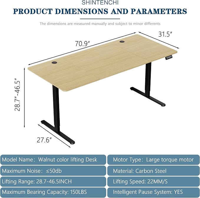 Shintenchi Standing Desk, 71x31 Inch Height Adjustable Electric Sit Stand up Desk, Ergonomic Rising Computer Table, Modern Lift Gaming Desk Workstation for Home Office, Walnut and Black