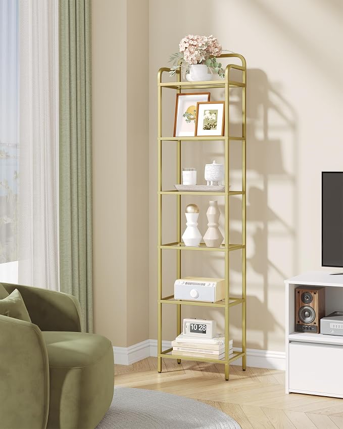 Hzuaneri Bookshelf, Tempered Glass Bookshelves with Lights and Steel Frame | Tall Narrow Bookcase, Display Shelf, Slim Shelving Unit for Living Room, Bedroom, 9.6"D x 15.4"W x 66.5"H Gold BC34699G