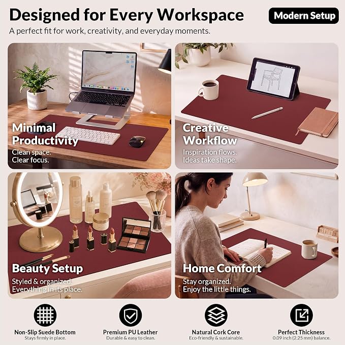 AFIING Cork Desk Mat, 35.4" x 17", Red,Desk pad Protector | Dual-Sided Cork & PU Leather, Large Mouse Pad, Non-Slip & Waterproof