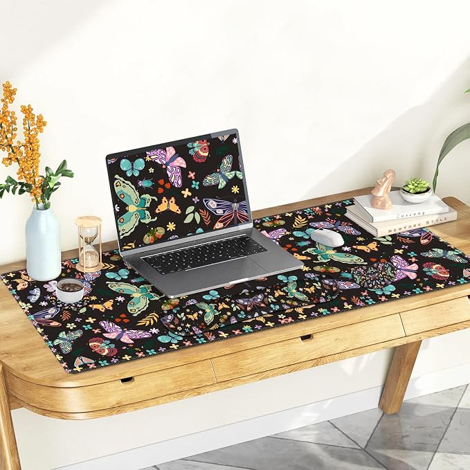 Desk Mat Pad, Gaming Mouse Pad Wrist Support Set, 4 in1 Non-Slip XXL Large Mousepad + Ergonomic Keyboard Wrist Rest+Mouse Wrist Rest+Coaster for Home Office Computer I Colorful Butterfly