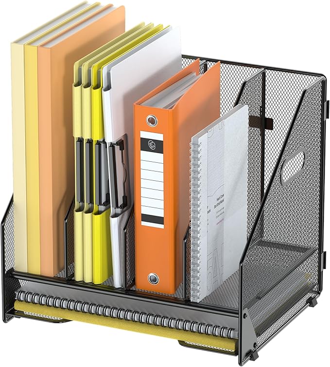 Docnest Mesh Desk File Organizer, 4 Vertical Compartment Box Sorter, Black | Features 3 removable middle dividers for custom spacing and a bottom letter tray to hold paper, mail, and documents