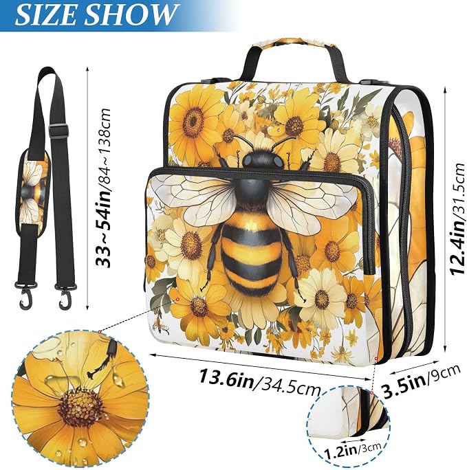 3 Ring Zipper Binder with Shoulder Strap Yellow Daisy Bee Bumblebees 1.5 inch Binders Keeper Large Capacity Multi Pockets for School Office Supplies