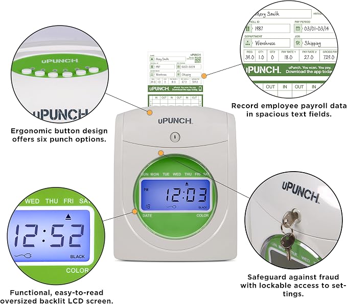 uPunch JC1500 Starter Time Clock Bundle for Small Business: Employee Punch Clock System with 100 Time Cards, Card Rack, and Ribbon