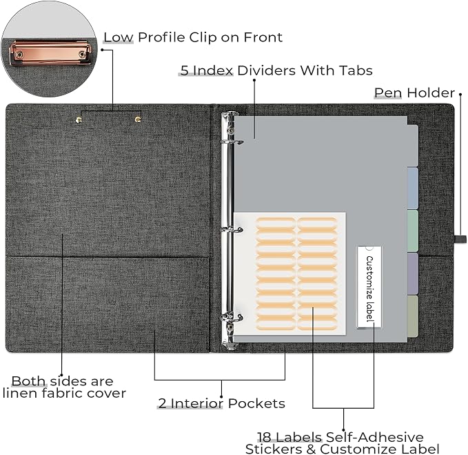 EYROZILL 3 Ring Binder, 1 Inch Linen Binder Organizer for Letter Size (8.5" x 11") with 5 Tab Dividers, File Folder Labels and Low Profile Clipboards, School and Office Supplies- Dark Grey