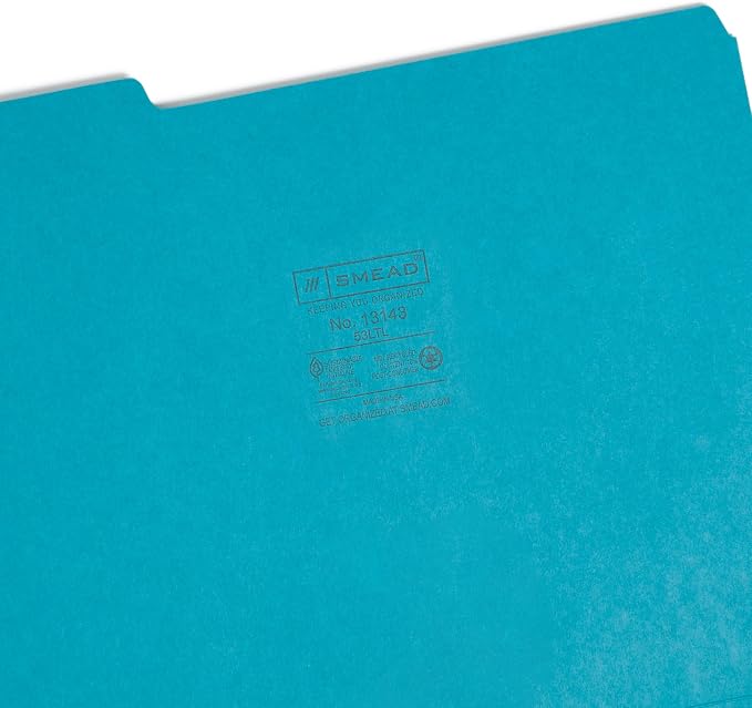 Smead Standard File Folders, 100 Count, Teal, 1/3-Cut Tabs, Letter Size (13143)