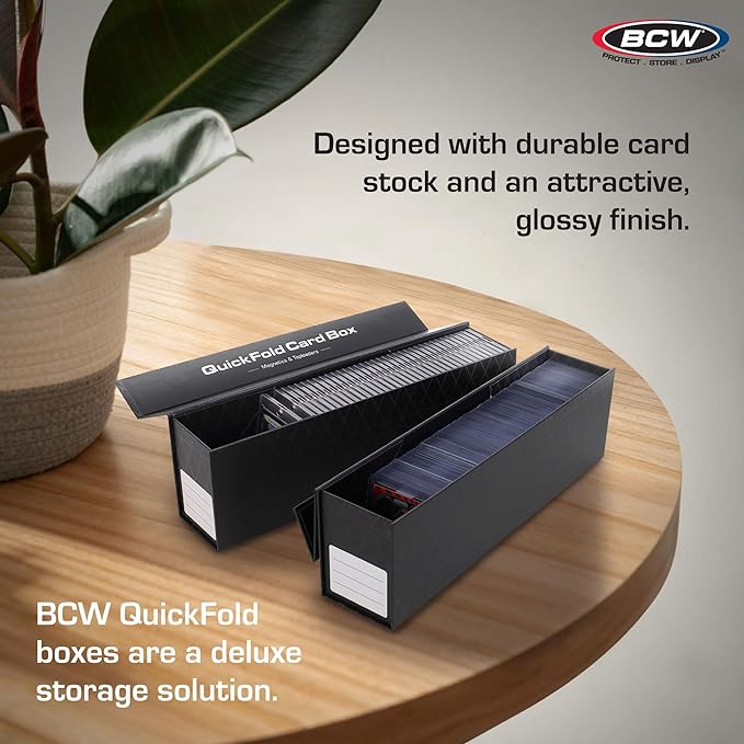 BCW QuickFold Card Boxes for Toploaders and Magnetics, Magnetic Lid, 3 Pack | Each box holds 225 toploaders or 50 magnetic holders, with quick assembly, a secure magnetic lid, and end labeling.
