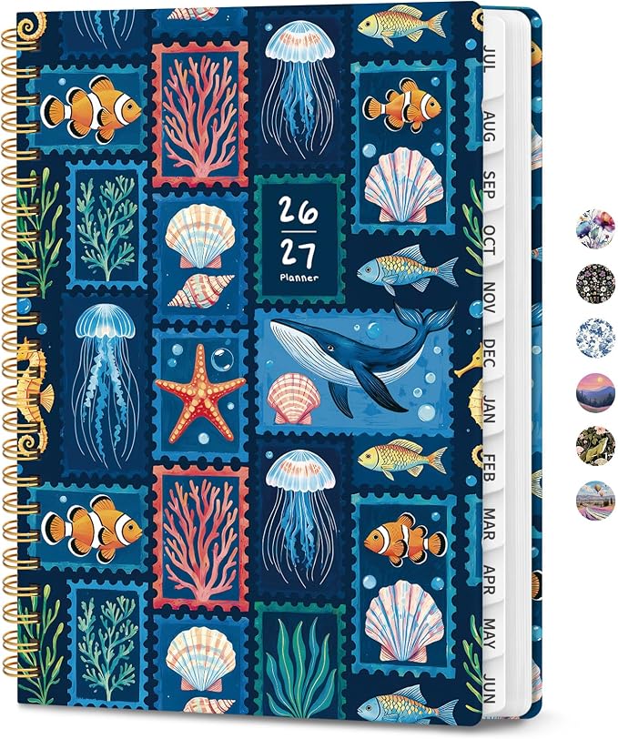 ZOTIA Academic Planner 2026-2027, Monthly & Weekly Jul 2026-Jun 2027 | Ocean Stamps, 6.3" x 8.5" Calendar Planner for Women, Hardcover Pretty Organizer for Women, School Office Home Supplies