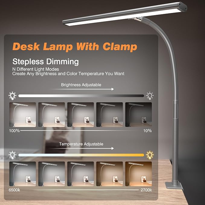 Airlonv LED Desk Lamp with Clamp, 17" Stepless Dimming Light, Grey | 2700K-6500K, 100 LEDs, 360° Gooseneck, Fits Up to 30" Monitors, Flicker-Free Lighting for Home Office, Study& Workbench