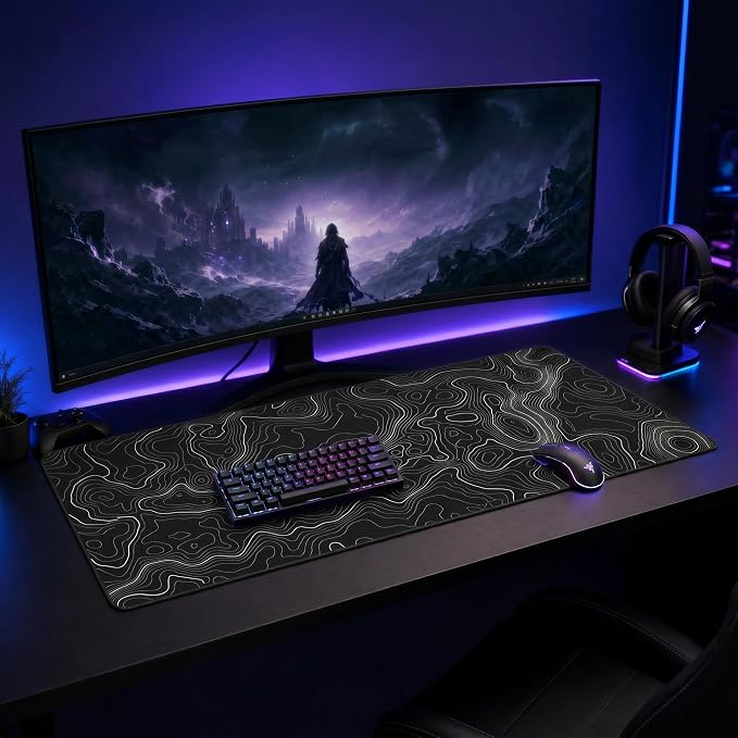 Topographic Gaming Mouse Pad 31.5x11.8 Inch, Black White Desk Mat Extended | Minimalist Contour Line Design with Waterproof Non-Slip Rubber Base, Stitched Edges Desk Pad for Gaming, Office Setup