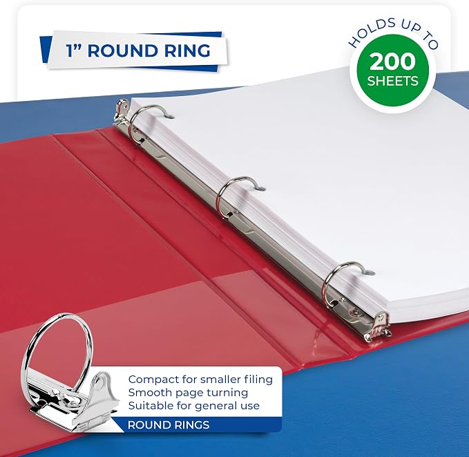 Samsill 1 Inch 3 Ring Binder, Economy Round Ring, Clear View Cover, 200 Sheet Capacity - for School, Home, Office - Red