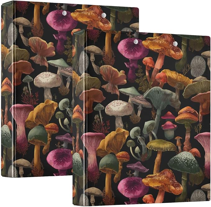 Black Bg Various Mushrooms Binder 3 Ring 1.5 Inch Binder with Clipboard&Pockets, Hardcover Binders Heavy Duty Large File Folder for Office School Supplies - Holds 200 Sheets, 2 PC