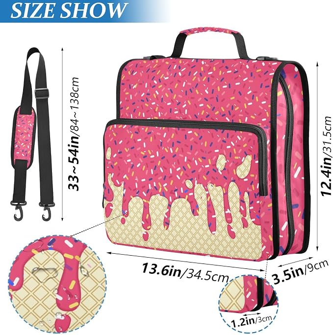 Red Ice Cream Print 3 Ring Binder Bag 1.5 inch Binder Organizer with Zipper Shoulder Strap 500 Sheet Documents Storage for School Office