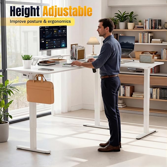 Shahoo L Shaped Electric Standing Desk, 63"x47.2" Corner Height Adjustable Sit Stand Desk with Monitor Riser, Ergonomic Stand Up Desk, 154 LBS Load Capacity Quiet Motor Home Office Computer Desk