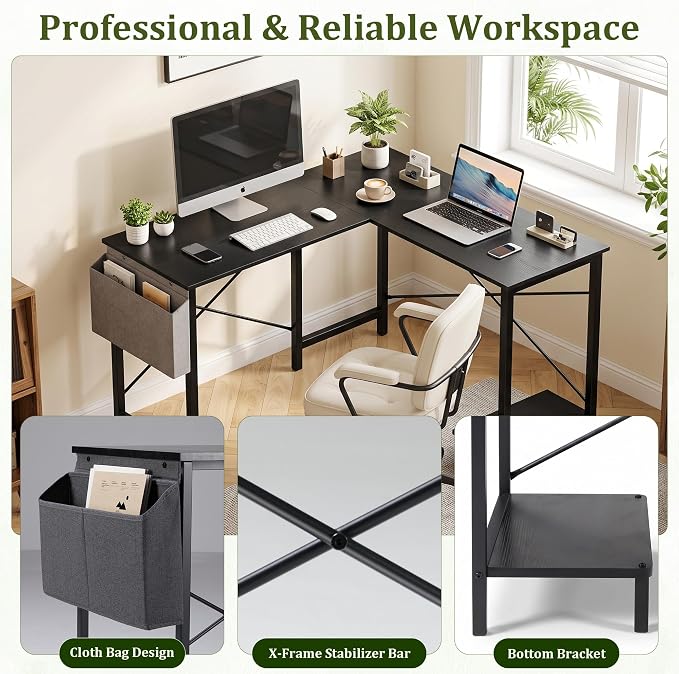 Alpen L Shaped Gaming Desk, Small Computer Desk, 50 Inch Wide Corner Desk, Work from Home Desk, Study Table for Bedrooms, PC Writing Table with Storage and Reversible Shelf, Classic Black