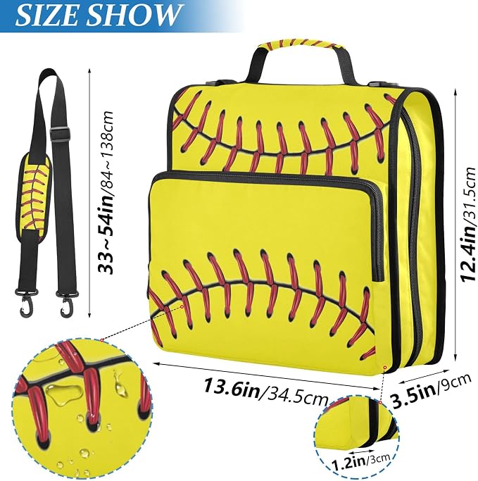 Fisyme Softball Baseball Yellow Zipper Binder 3 Ring with Zipper and Shoulder Strap Large Capacity Multi-Pocket Zipper Binder Organizer