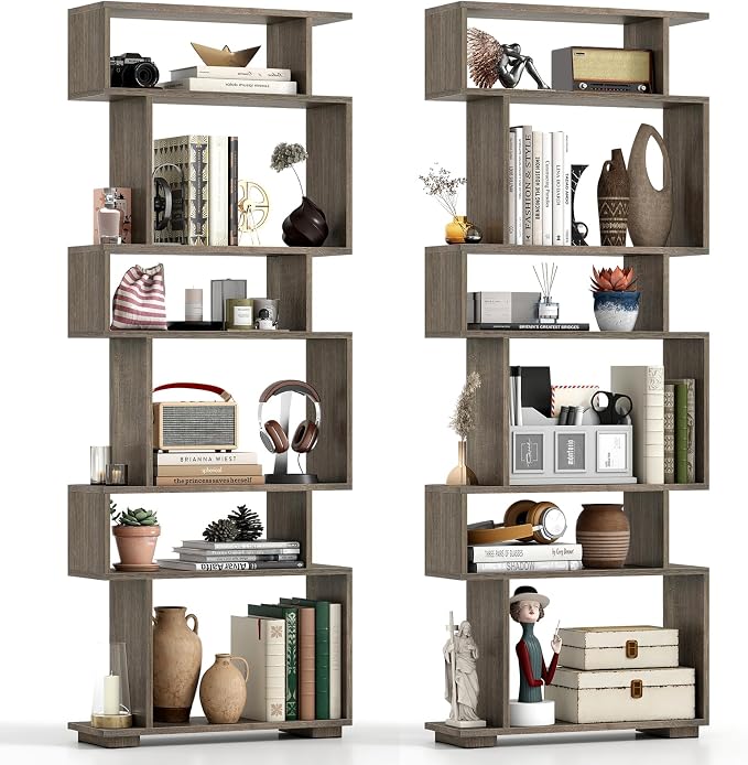 Tangkula 6-Tier S-Shaped Bookshelf, 64" Freestanding Geometric Bookcase, Home Office Wood Storage Shelf with Anti-Toppling Device, Room Divider Display Rack for Study Living Room (2, Grey Oak)