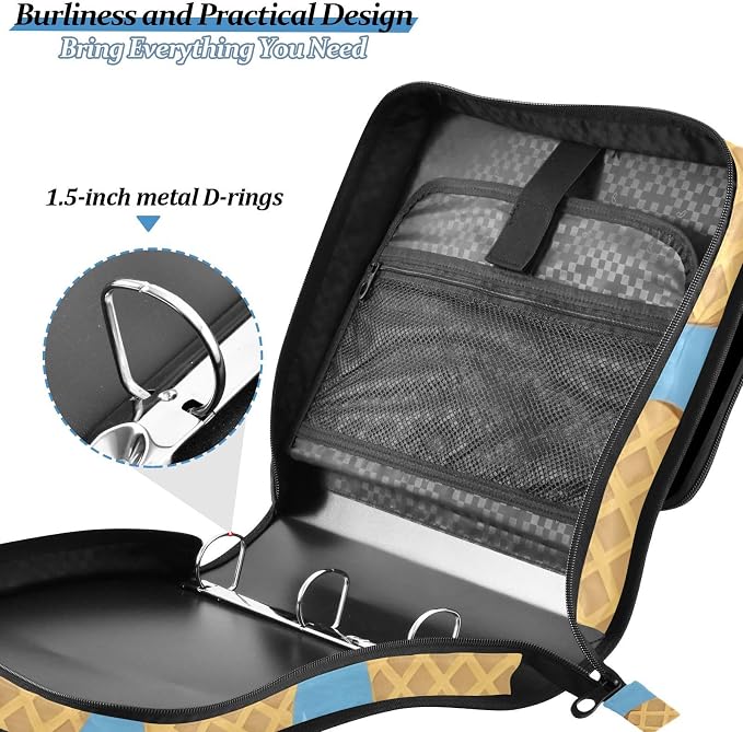 3 Ring Zipper Binder with Shoulder Strap Blue Ice Cream 1.5 inch Binders Keeper Large Capacity Multi Pockets for School Office Supplies