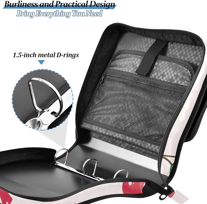 Cherry Bow Pattern 3 Ring Zipper Binder Bag Binder Organizer with Handle Shoulder Strap for School Work Office Supplies