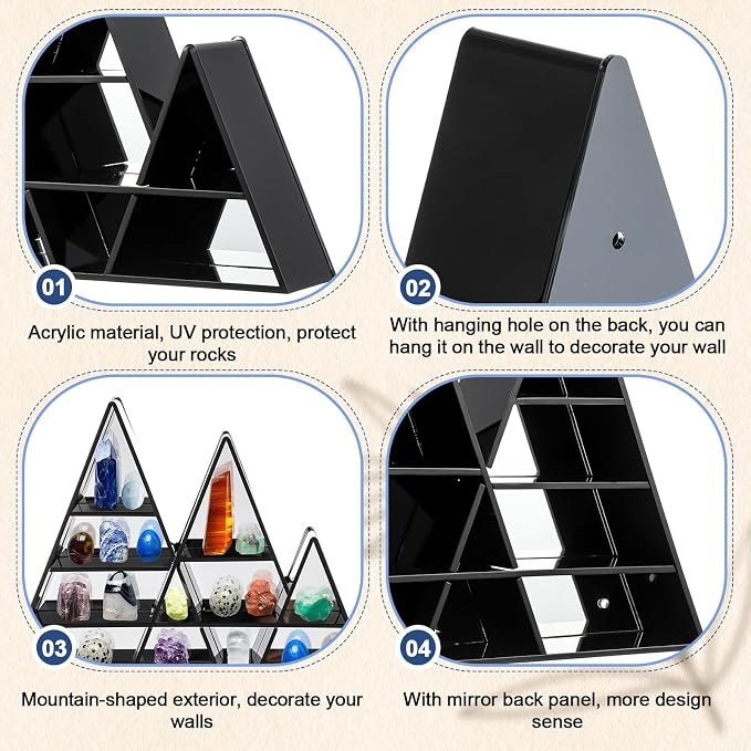 Cinnvoice Rock Display Case 30 Grids,Black Border, Mountain Style | Adjustable Acrylic Display Case, Crystal Organizer for Collectible, with Built-in Mirrored, Magnetic Door, Wall Mount