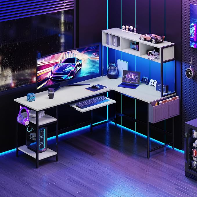 DUMOS 67" L Shaped Gaming Desk, Reversible Computer Desks with LED Lighting | Corner Desk for Compact Spaces, Keyboard Tray & Storage Shelf, Home Office, White