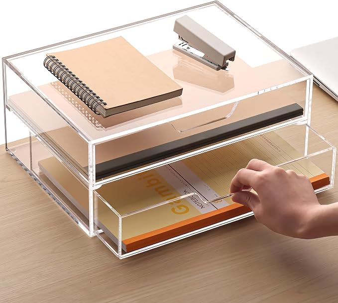 SANRUI 2 Tier Acrylic Desk Organizer with 2-Drawer, Clear File Organizer | 2 Open Drawers, Organize Office Desk Accessories & Sort Pens, Notes, Makeup, Jewelry & Toiletries for Office, Vanity & Bath