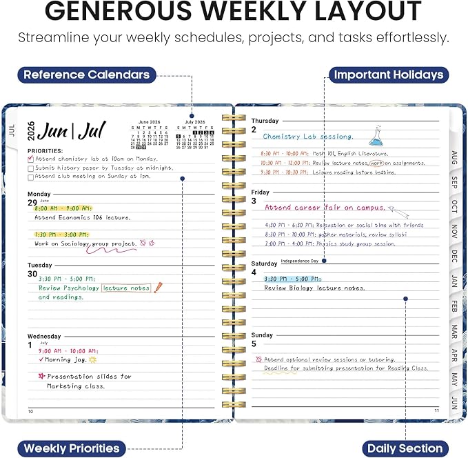 Planner 2026-2027, Monthly & Weekly Jul 2026-Jun 2027 Calendar Book | 6.3" x 8.5", Hardcover Spiral Planner with Tabs, School & Daily Pretty Agenda for Women, Students, Teachers, Ocean Etching
