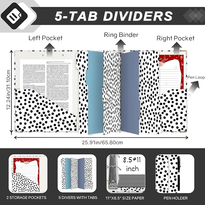 EYROZILL Binder s2 Inch with Divider, 3 Ring Binder 8.5" x 11", Clipboard Binder for Hair Style Client, Legal Case, Law Reference, Artist Portfolio (Polka Dots)