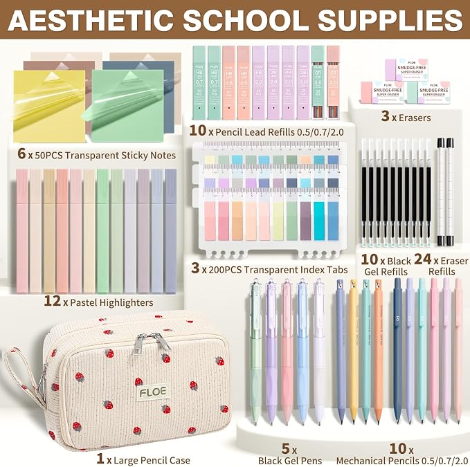 62PCS Aesthetic School Supplies Cute Back to School Supplies Stationary Set | College Preppy Essentials Kit with Large Pencil Pouch Case, Pastel Highlighters Gel Pens Mechanical Pencils for Student Girls
