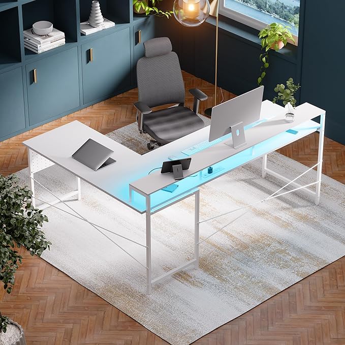 Pamray 64 Inch L Shaped Gaming Desk with Monitor Stand and Power Outlets | Large Corner Computer Desk With Pegboard & Led Lights USB Charging Ports for Home Office Study and Writing Bedroom and Dorms