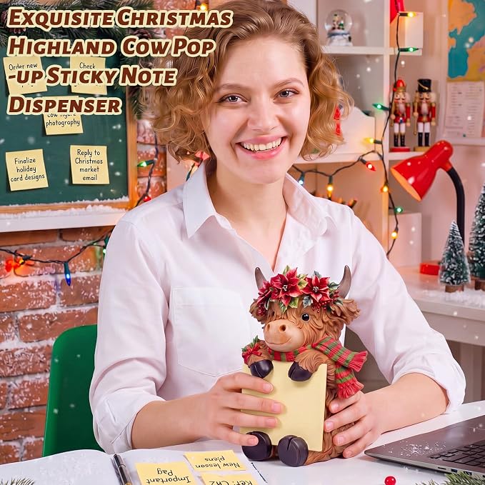 Thenshop Christmas Highland Cow Pop up Sticky Note Dispenser with 100 Sheet | Christmas Sticky Note Holder, Highland Cow Desk Accessories, Resin, Red Green Poinsettia, Back to School Classroom, 3 x 3inch