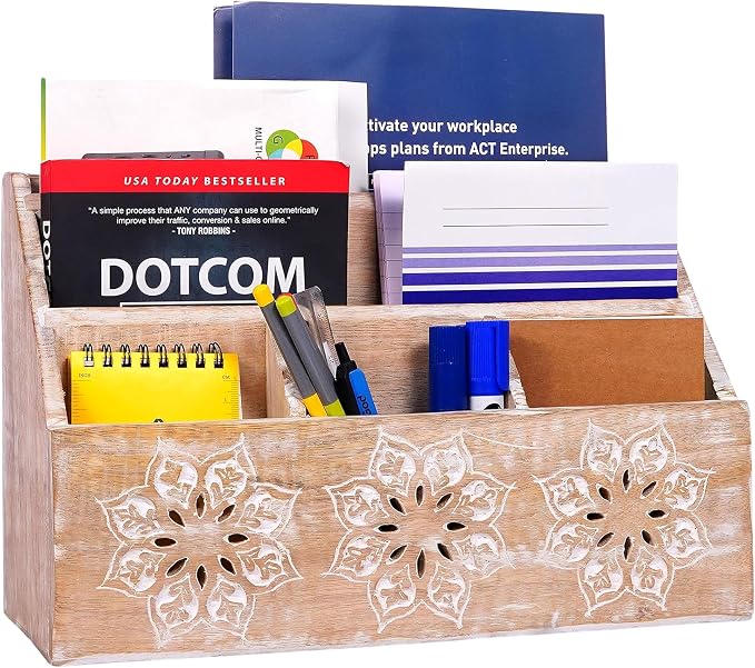 Serena Mango Wood Desk Organizer - Whitewash, 13 in | Functional mail holder featuring 5 compartments tailored for home desk organization, mail storage and rustic office decor.