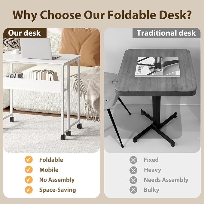 24.8" Folding Desk Rolling Desk with Storage Shelf,Space-Saving Foldable Computer Desk with Wheels,Portable Mobile Couch Sofa Side Table for Small Spaces, Home Office, Study, Easy Assembly,white