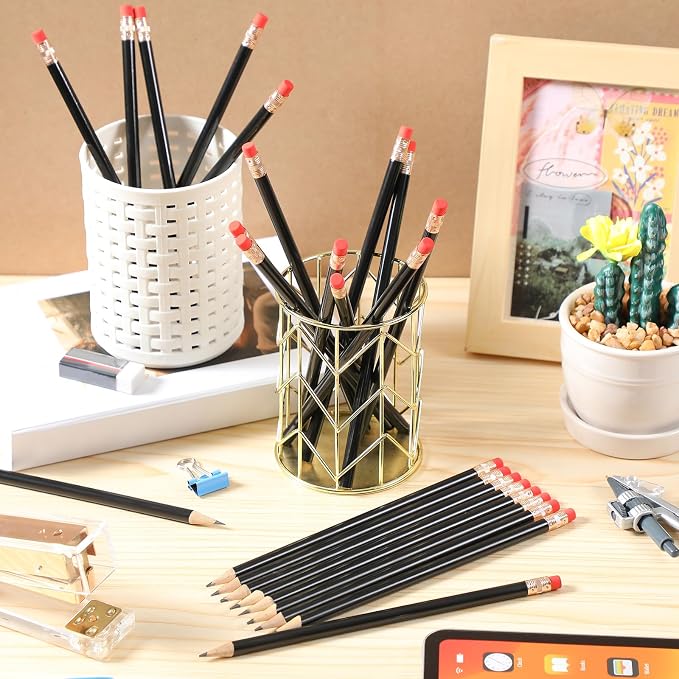 Outus 24 Pieces Round Pencils Cute HB Graphite Wood Pencils Bulk with Eraser for School Writing Drawing Sketching Wedding Office Supplies(Black)